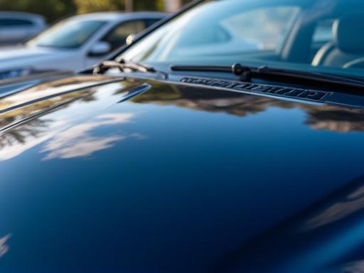 Riflesso chiaro e lucido sul cofano auto dopo trattamento di lucidatura